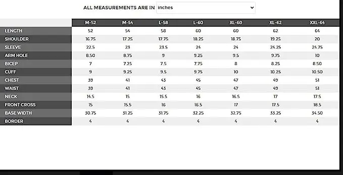 Mens Kandora Size Chart